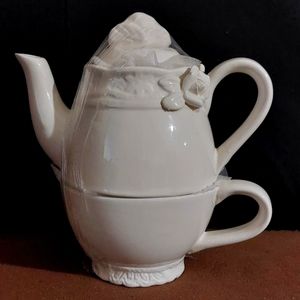 Vintage Teapot Cup Set Stacked White Porcelain with Relief Molded White Flowers